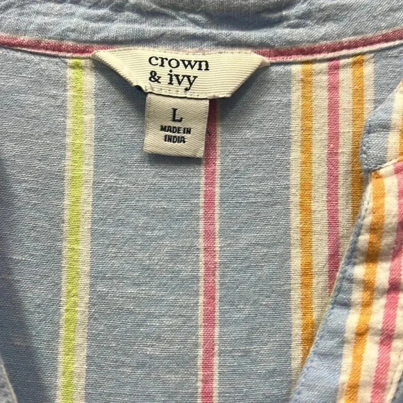 Crown & Ivy Women’s Linen Blouse Size Large Stripes, Ruffled Sleeves - Picture 4 of 5
